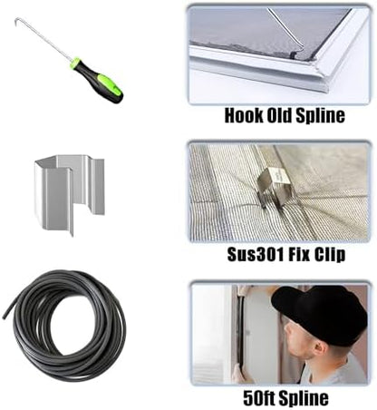 Window Screen Door Repair/Replacement Kit, King&Charles Include Black Screen Mesh 48"x118"+ 2 Roller+50Ft Spline+8Clips+Hook, 6 in 1 Window Mesh Kit, Steel/Nylon Bearing Roller