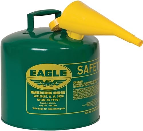 Eagle 5 Gallon Type I Green Safety Gas Can for Oil and Other Combustibles with Flame Arrester, Self-Closing Lid, and F-15 Funnel, Made in the USA, Galvanized Steel Flammable Storage Can, UI50FSG