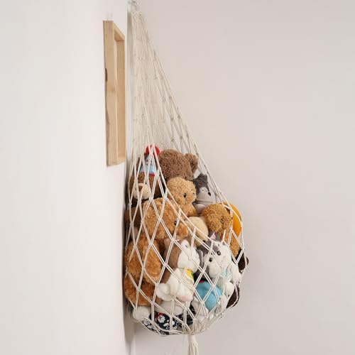 Stuffed Animal Storage Organizers Corner Hanging Net Stuffy Animal Hammock Macrame Toy Display Plush Toy Holder Wall, Kid Bedroom Decor Boho Nursery Playroom Organizer (Cream)