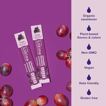 Ultima Replenisher Daily Electrolyte Powder Drink Mix – Sugar Free – Grape, 20 Stickpacks – Hydration Packets with 6 Key Electrolytes and Trace Minerals – Keto Friendly, Vegan, Non-GMO