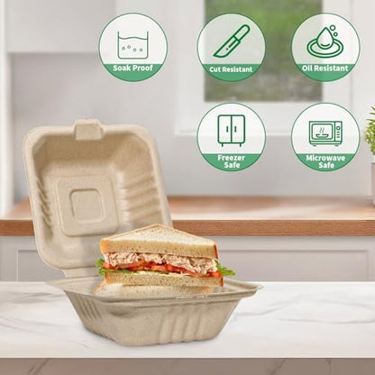 Aricsen Compostable 50 Pack 6x6 Inch Disposable Square Small Lunch Box Takeout Containers with Lid To Go Take Out Clamshell for Food, Eco-Friendly Biodegradable Bagasse, PFAS-Free, Unbleached Brown
