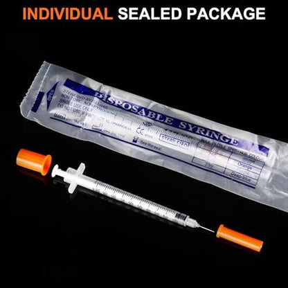 100 Pack 1ml Syringes with Needle-30Ga 0.5 Inch, Individually Sealed Packaging