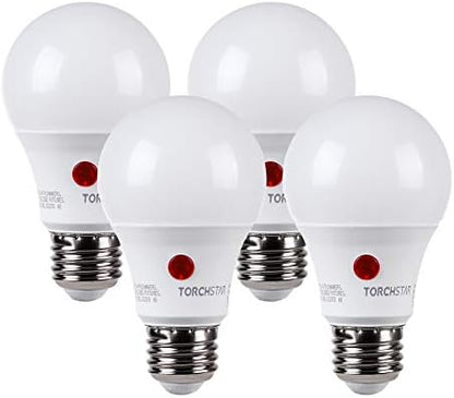 TORCHSTAR Dusk to Dawn Light Bulbs Outdoor, Sensor A19 LED Light Bulb, Auto on/Off Photocell Automatic for Outdoor Lighting, 5000K, Pack of 4