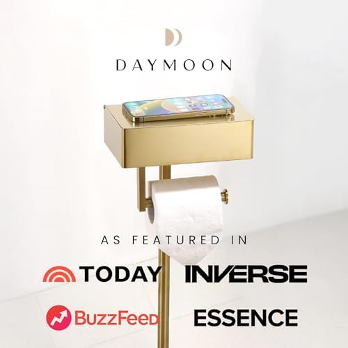 Day Moon™ Gold Toilet Paper Holder Free Standing Toilet Paper Holder with Storage - Toilet Paper Stand and Tissue Holder for Bathroom - Toilet Paper Holder with Shelf and Wipe Holder