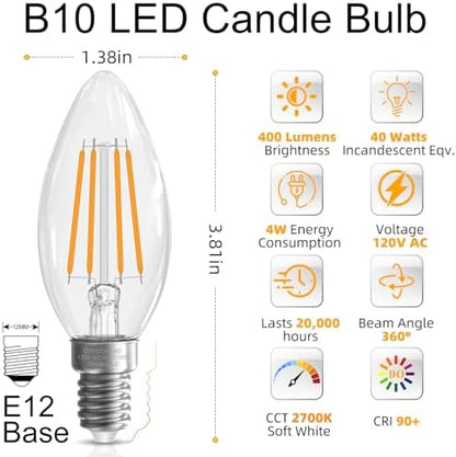 E12 Candelabra Bulb 40 watt Equivalent, E12 LED Bulb Dimmable Chandelier Light Bulbs, B10 Candle Light Bulbs 2700K Soft White, 90+CRI, 400LM, Cear Glass, 12 Pack