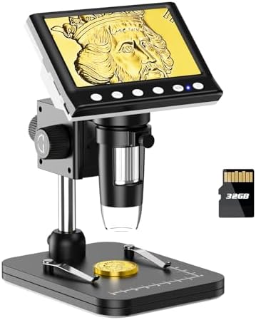 LPM7 4.3" Coin Microscope, IPS Digital Microscope for Adults, Coin Magnifier with 8 LED Lights, Windows Compatible, Include 32GB Memory Card