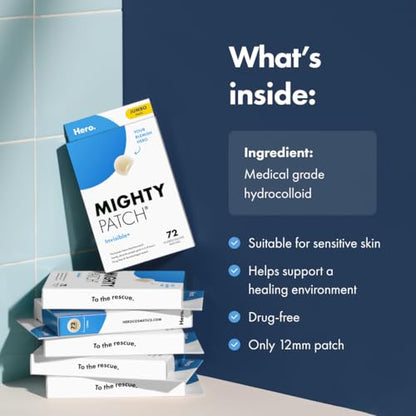 Mighty Patch™ Invisible+ Patch – The Barely-There Daytime Hydrocolloid Acne Pimple Patch for Covering Zits and Blemishes, Tapered Edges Designed to Blend Into Skin (72ct)