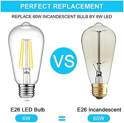 Ascher Vintage LED Edison Bulbs, 6W, Equivalent 60W, Non-Dimmable, High Brightness Cool White 4000K, ST58 Antique LED Filament Bulbs with 80+ CRI, E26 Medium Base, Clear Glass, Pack of 6