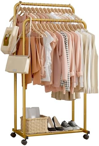 Clothes Rack - Clothing Rack with Storage Mesh Shelf & Casters, Heavy-Duty Metal Clothing Rack for Hanging Clothes, Dresses, Coats, Large Load Capacity, Easy Assembly, Gold, 28.0"x16.0"x59.0"