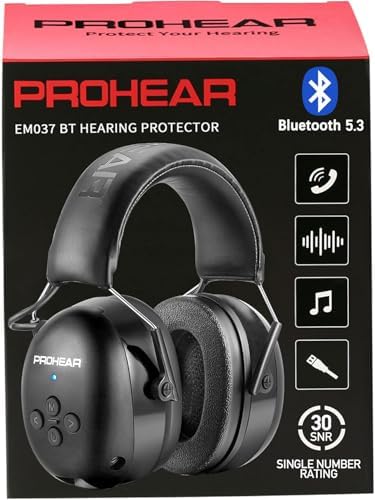 PROHEAR 037 Bluetooth 5.3 Hearing Protection Headphones with Rechargeable 1500mAh Battery, 30dB SNR Safety Noise Reduction Ear Muffs 120H Playtime for Mowing, Workshops, Snowblowing - Black
