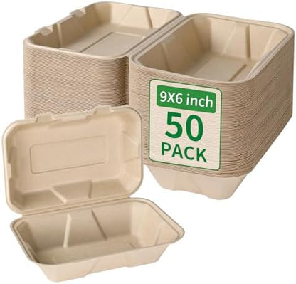 Aricsen Compostable 50 Pack 9x6 Inch Takeout Lunch Box Containers with Lid To Go Take Out Clamshell for Food, Disposable Eco-Friendly Biodegradable Bagasse, PFAS-Free, Brown
