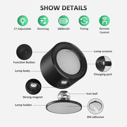 Lightbiz LED Wall Mounted Lights 2 Pcs with Remote, Wall Sconces Lamp 3000mAh Rechargeable Battery Operated, 3 Color Temperatures & Dimmable Magnetic 360° Rotation Cordless Light for Bedroom Bedside