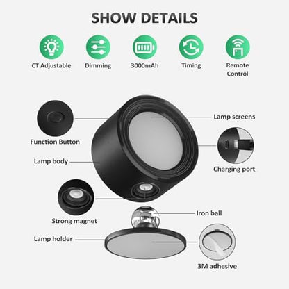 Lightbiz LED Wall Mounted Lights 2 Pcs with Remote, Wall Sconces Lamp 3000mAh Rechargeable Battery Operated, 3 Color Temperatures & Dimmable Magnetic 360° Rotation Cordless Light for Bedroom Bedside