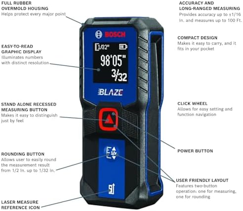 BOSCH GLM100-23 100 Ft Blaze Laser Distance Measure, Includes 2 AA Batteries