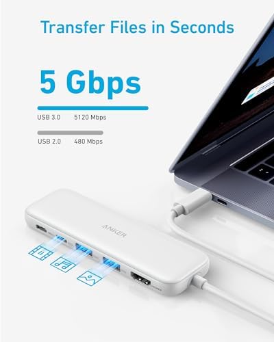 Anker USB C Hub, 5-in-1 USBC to HDMI Splitter with 4K Display, 1 x Powered USB-C 5Gbps & 2×Powered USB-A 3.0 5Gbps Data Ports for MacBook Pro, MacBook Air, Dell and More (White)