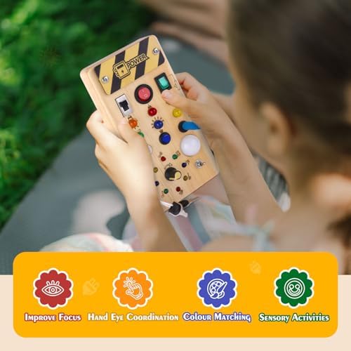 Montessori Wooden Busy Board with 8 LED Light switches, Sensory Toys Light Switch Travel Toys for 1+ Year Old Baby and Toddler