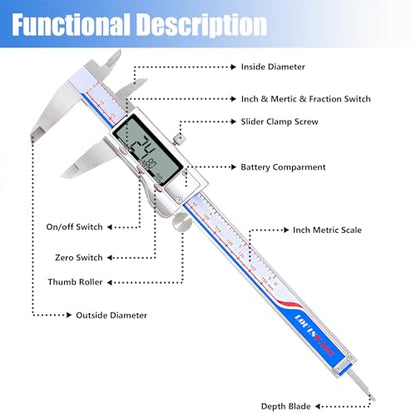 Digital Caliper, Vernier Caliper Measuring Tool with Stainless Steel, Electronic Micrometer Caliper with Large LCD Screen, Auto-Off Feature, Easy Switch from Inch Metric Fraction, (6 Inch//150 mm)