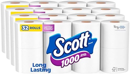 Scott 1000 Toilet Paper, 32 Rolls, Septic-Safe, 1-Ply Toilet Tissue