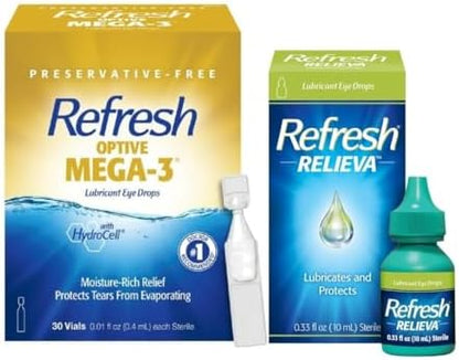 Refresh Optive Mega-3 Lubricant Eye Drops, Preservative-Free, 30-0.01 Fl Oz Single-Use Containers + Relieva Lubricant Eye Drops, 0.33 Fl Oz, Packaging May Vary