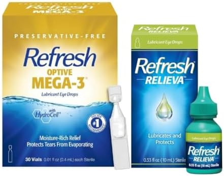 Refresh Optive Mega-3 Lubricant Eye Drops, Preservative-Free, 30-0.01 Fl Oz Single-Use Containers + Relieva Lubricant Eye Drops, 0.33 Fl Oz, Packaging May Vary