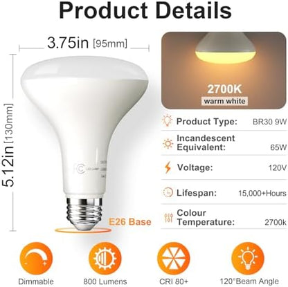 TJOY 12 Pack BR30 Flood Light Bulb Indoor, 65W Equivalent Dimmable Led Recessed Lights Bulb, 2700K Soft Warm White, E26 Base Bulbs for Kitchen Ceiling, Recessed Can, Replacement Incandescent, 9W,800LM