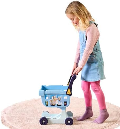 The Bluey Shopping Trolley | with Free-Rolling Wheels and Rotating Handle. The Ideal Size for Toddlers | Stands at 19.3 Inch Tall | 8 Colorful Cardboard Shopping Goods are Included with This Trolley