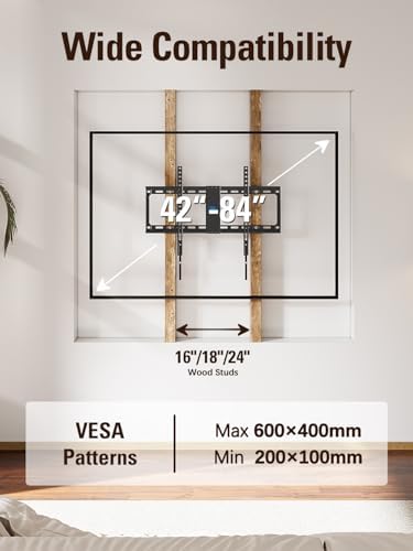 Mounting Dream TV Mount Fixed for Most 42-84 Inch Flat Screen TVs, TV Wall Mount Bracket up to VESA 600 x 400mm and 132 lbs - Fits 16"/18"/24" Studs - Low Profile and Space Saving MD2163-K