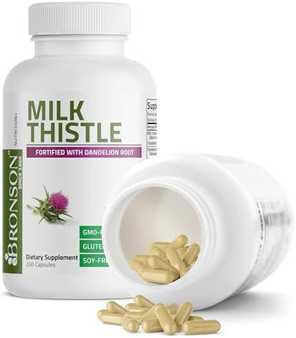 Bronson Milk Thistle Silymarin Marianum & Dandelion Root Liver Health Support, Antioxidant Support, Detox, 250 Capsules