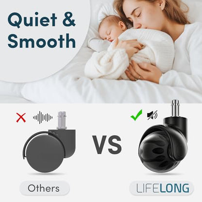 Lifelong Office Chair Wheels Rubber Replacement- 2 Inch Heavy Duty Rolling Chairs Casters for Hardwood Floors and Carpet, Set of 5, Desk Chair Wheels to Replace Office Chairs Mats- Universal