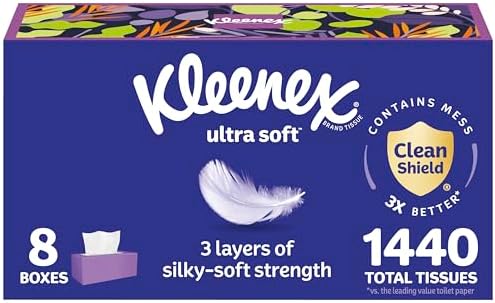 Kleenex Ultra Soft Facial Tissues, 8 Flat Boxes, 180 Tissues per Box, 3-Ply, Packaging May Vary