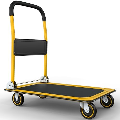 Heavy Duty Foldable Push Cart Dolly | 660 lbs. Capacity | Upgraded Collapsible Hand Truck Platform with Swivel Wheels | Flat Bed Moving Wagon | Space Saving Push Handle (Yellow)