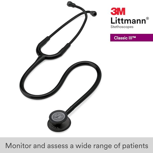 3M Littmann Classic III Monitoring Stethoscope, 5803, More Than 2X as Loud, Weighs Less, Stainless Steel Black-Finish Chestpiece, 27" Black Tube, Stem and Headset