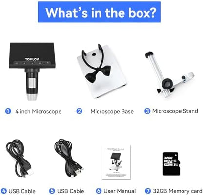 TOMLOV 1000X Coin Microscope with 4.3" Screen, Digital Microscope Magnifier with LED Lights, Metal Stand, PC View, Photo/Video, 32GB SD Card, Windows, macOS Compatible, DM4S