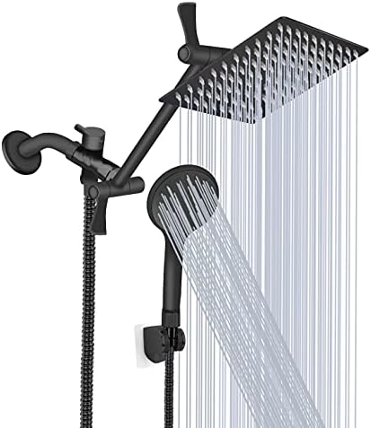 Shower Head, 8‘’ High Pressure Rainfall/Handheld Shower Combo with 11'' Extension Arm, 9 Settings, Anti-leak Shower Head with Holder, Height/Angle Adjustable, Chrome, Matte Black
