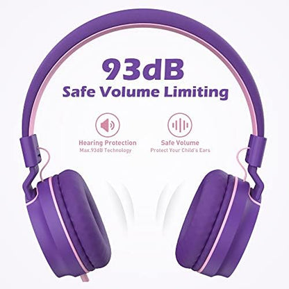 Kids Headphones, AILIHEN I35 On-Ear Headphones for School, Safe Volume 93dB, HD Mic Stereo Headphone for Kid Girls Children, Foldable Wired 3.5mm for Chromebook, Laptop, Computer, Tablet (Pink Purple)