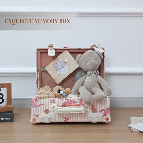 Unitravel Baby Keepsake Case, 13" Handmade Memory Storage Box, Newborn Keepsake Box, Vintage Suitcase for Baby Shower, Baptism, Naming Ceremony or Birthday (floral)