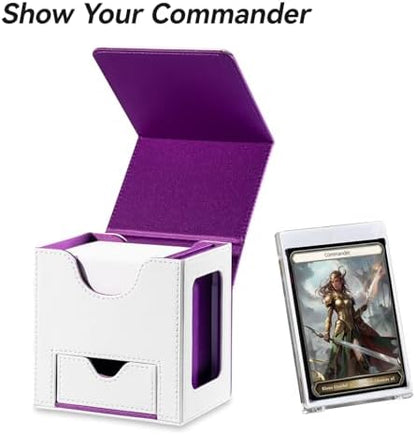 Card Deck Box for MTG Commander - Patented Design, Commander Display, Fits 100 Double-Sleeved Cards, 35pt Card Brick & Dice Tray - White/Purple