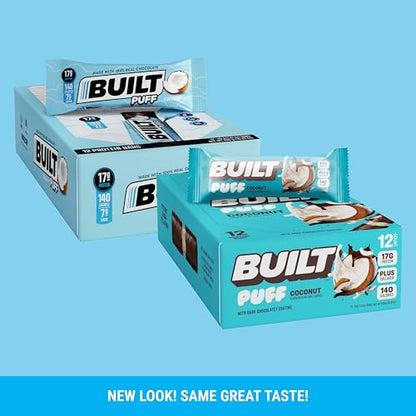 Built Bar, Puff Protein Bars, Coconut Puff, 17g Protein Snacks, On-The-Go Bars, Only 140 Calories, 6g Sugar, Collagen, Gluten Free, 12 Count