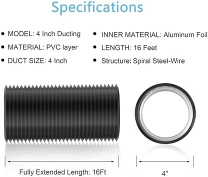 Dryer Vent Hose, 4'' Insulated Flexible Duct 16FT with 2 Duct Clamps, Heavy-Duty Three Layer Protection for HVAC Ventilation, Duct Fan Systems