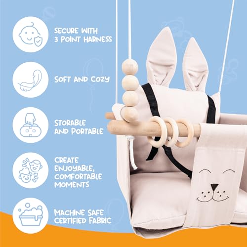 Indoor Outdoor Baby Swing with 3-Point Harness and Hardware for Ceiling, Porch, Doorway, Canvas Baby Swing Outdoor Toddler Swing Seat Beige