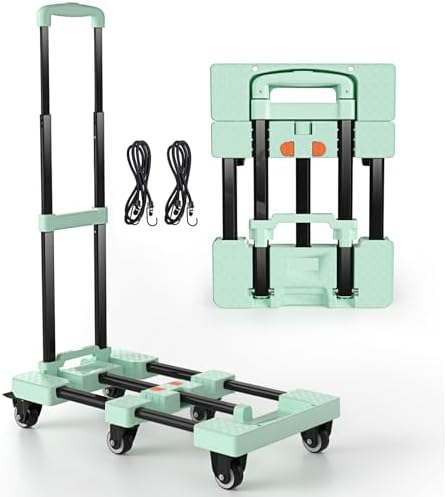 Folding Hand Truck 600lbs, Portable Heavy Duty Dolly Cart, 6 Wheels Collapsible Luggage Cart with 2 Elastic Ropes - Compact Trolley Cart for Easy Moving - Ideal Hand Cart for Travel and More