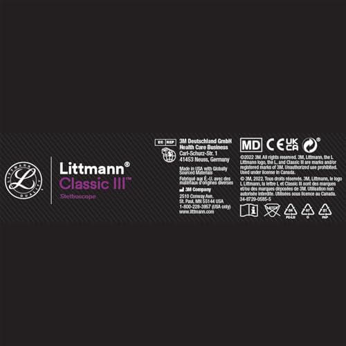 3M Littmann Classic III Monitoring Stethoscope, 5803, More Than 2X as Loud, Weighs Less, Stainless Steel Black-Finish Chestpiece, 27" Black Tube, Stem and Headset