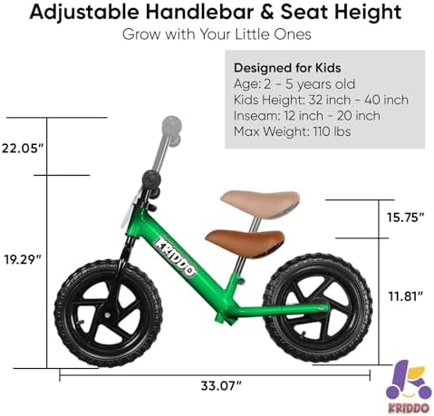 KRIDDO Toddler Balance Bike 2 Year Old, Age 18 Months to 5 Years Old, 12 Inch Push Bicycle with Customize Plate (3 Sets of Stickers Included), Gift Bike for 2-3 Boys Girls, Green