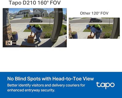 Tapo by TP-Link Smart Video Doorbell Camera Wireless with Chime, 2K with Full Color Night Vision & Spotlights, No Monthly Fee, Ring Call, 160° Ultra-Wide View, Free AI Detection, Local Storage,D210