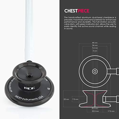 MDF Instruments, Acoustica Lightweight Stethoscope for Doctors, Nurses, Students, Home Health Use, Adult, Dual Head, White Tube, Black Chestpiece-Headset, MDF747XPBO29