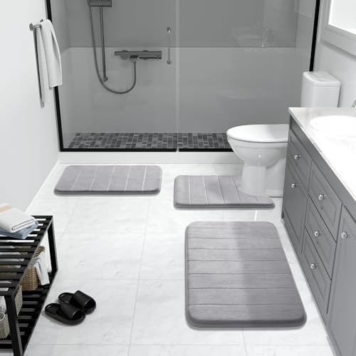 Yimobra Memory Foam Bath Mat, Super Soft Absorbent Bathroom Rug Non Slip 31.5x20 Inch, Quick Dry, Machine Washable Floor Carpet for Tub Shower, Home Decor Accessories, Gray