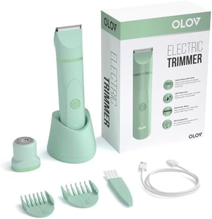 OLOV Electric Body Hair Trimmer - Groin Trimmer for Men - Bikini Trimmer Women - Wet/Dry Shaver Groomer, Replaceable Ceramic Blade Heads, USB Recharge Dock, Waterproof Hygiene Razor, Green