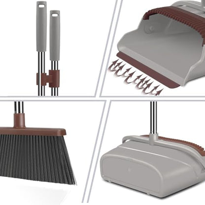 kelamayi Upgrade Broom and Dustpan Set, Self-Cleaning with Dustpan Teeth, Ideal for Dog Cat Pets Home Use, Super Long Handle Upright Stand Up Broom and Dustpan Set (Brown)