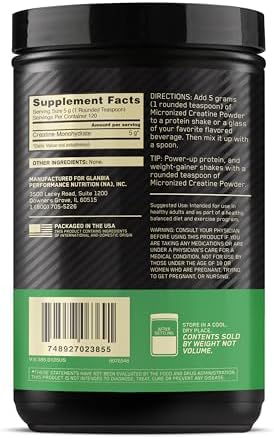 Optimum Nutrition Micronized Creatine Monohydrate Powder, Unflavored, 120 Servings, 600 Grams (Packaging May Vary)