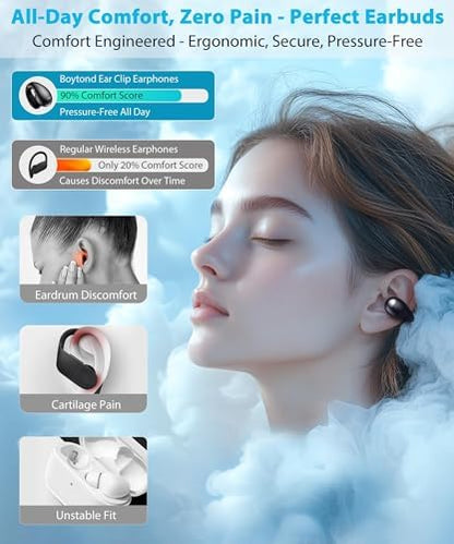 Ultra Open Ear Earbuds - Ergonomic Clip-On Earbuds, Bone Conduction Over-The-Ear Headphones with Waterproof Design and Secure Fit for Small Ears, Obsidian Black
